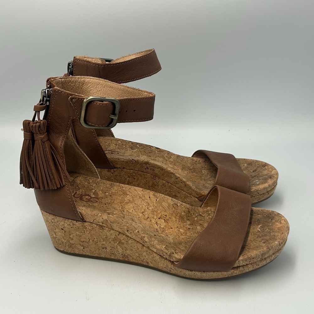UGG Wedge Sandal Zoe Tassel Zipper Tan Heel 1019973 Ankle Cork Brown Leather 6.5
